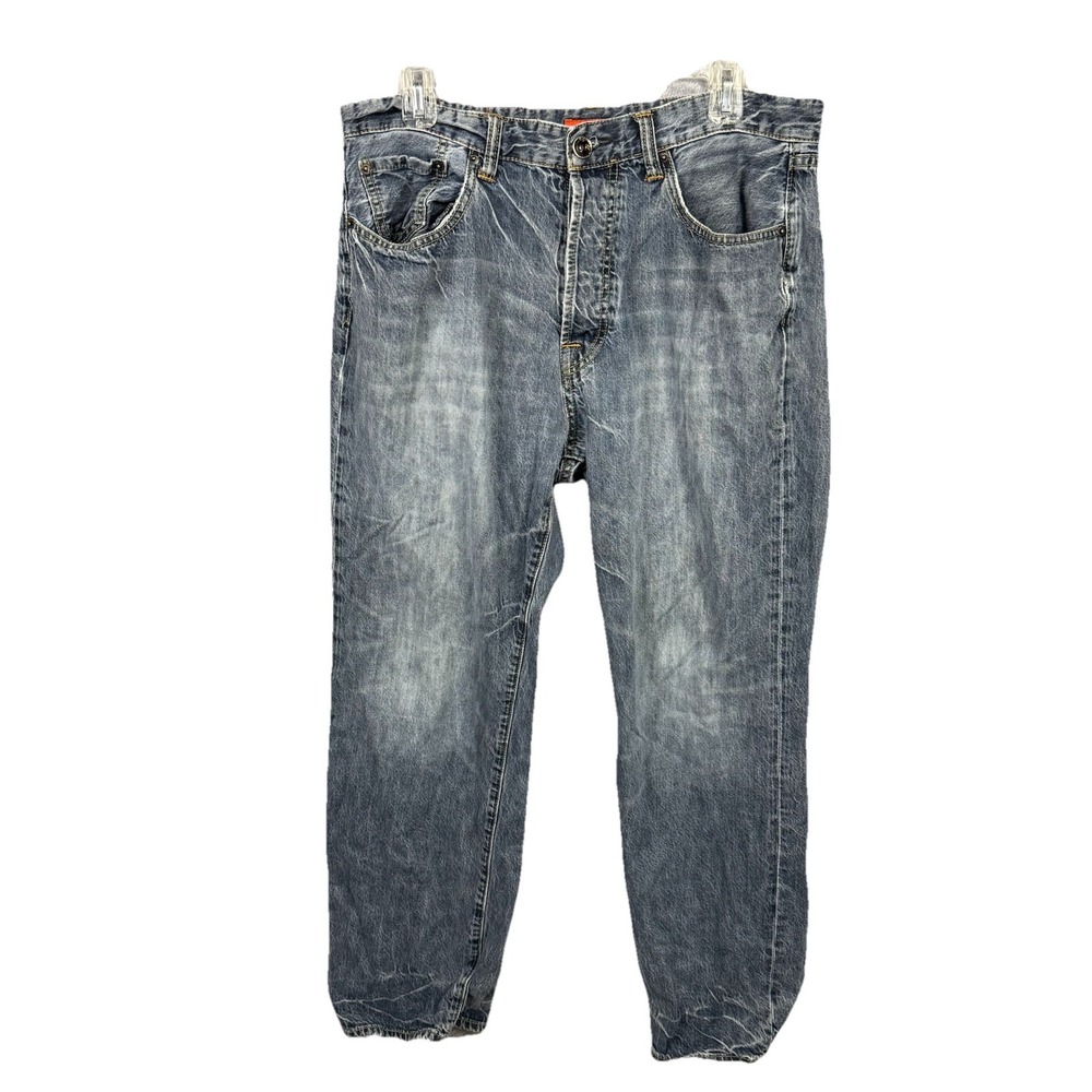 Men's Ed Hardy Distressed Blue Denim Jeans Button Fly 34x32 Grunge Skater‎ Punk